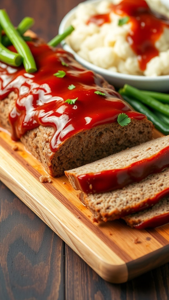 Sliced meatloaf with ketchup glaze on a cutting board, served with mashed potatoes and green beans.